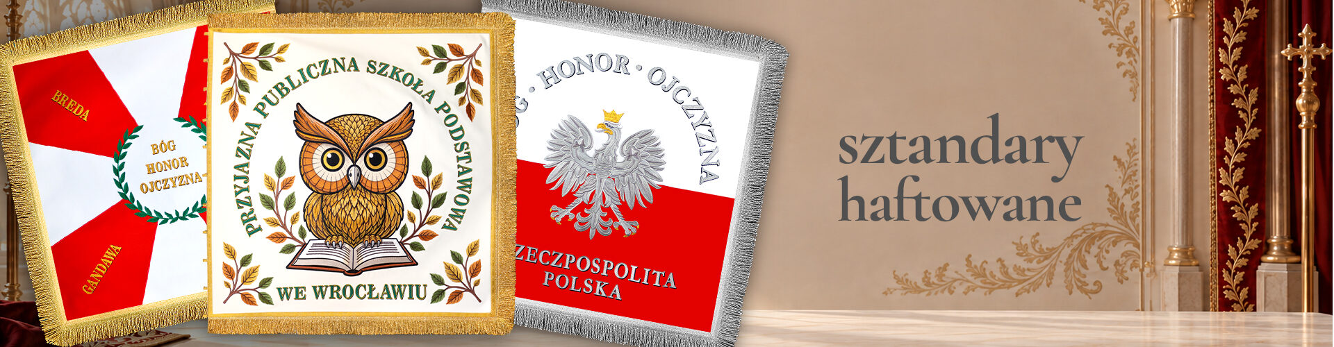 Sztandary haftowane, dla szkół, dla osp, policji, strażackie, łowieckie,